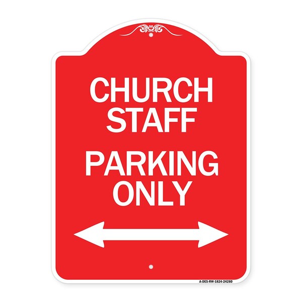 Church Staff Parking W/ Bidirectional Arrow, Red & White Aluminum Sign, 18" x 24", RW-1824-24260